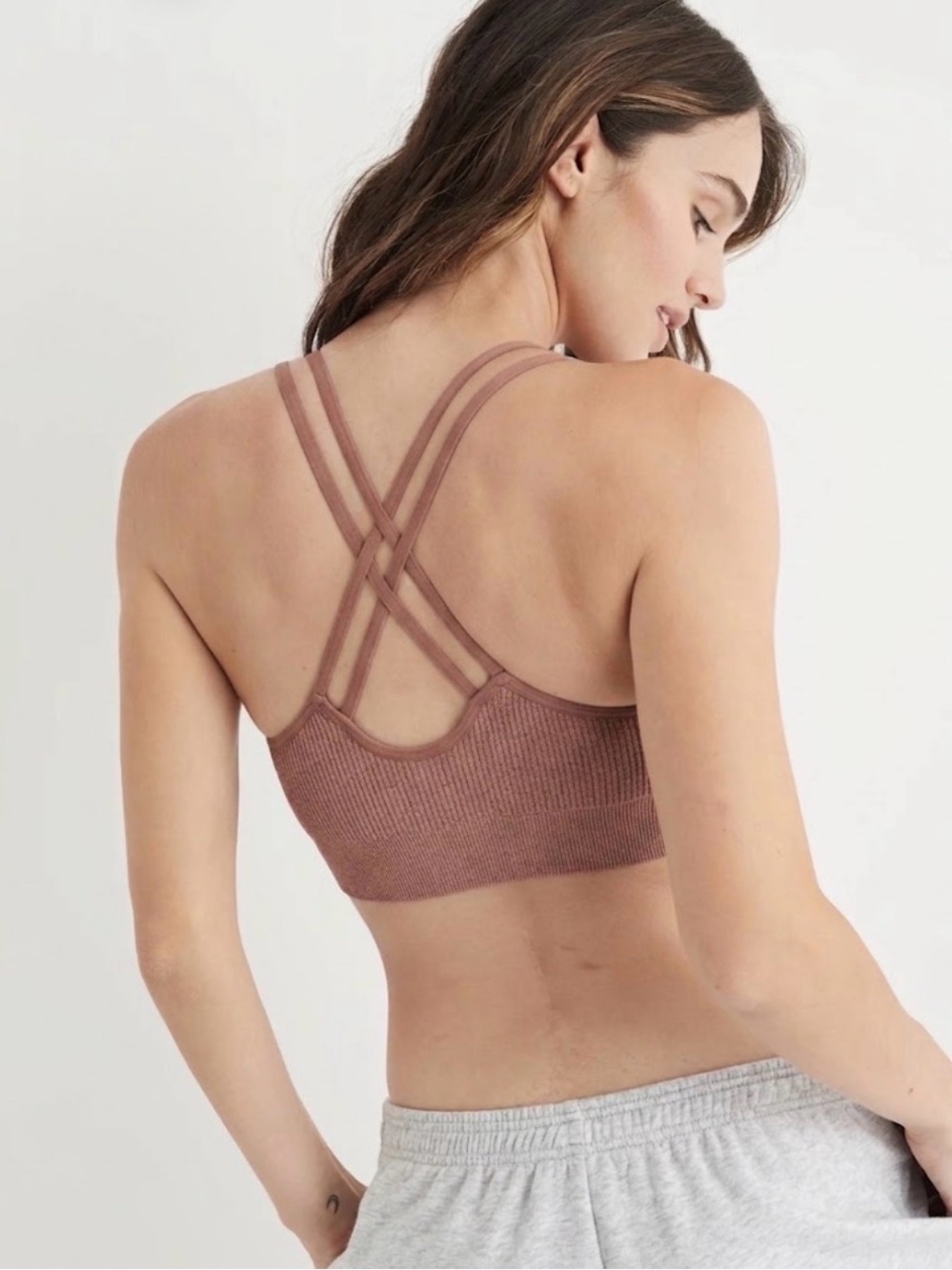 aerie Ribbed Crisscross Sports Bralette - Dusty Mauve small